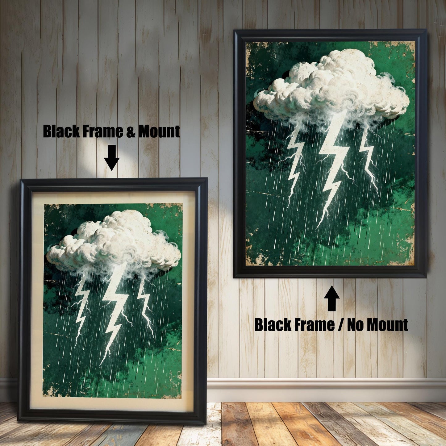 Comparison image of the stormy cloud and lightning art print: A smaller print in a 'Black' wood frame with a mount, next to a larger print in a 'Black' wood frame without a mount.