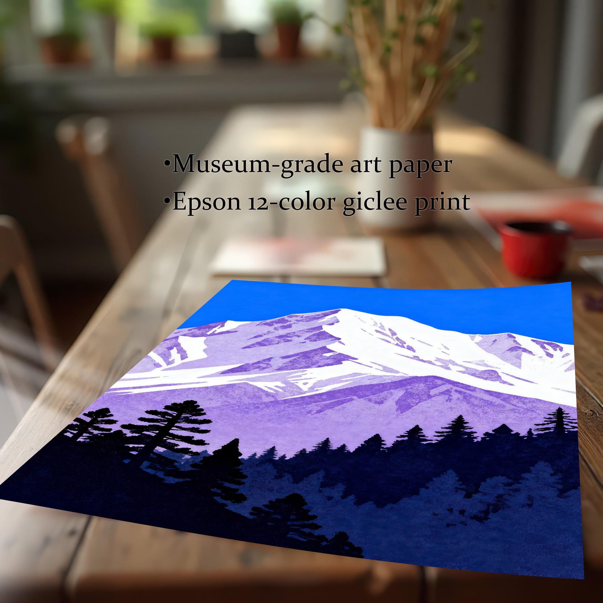 Close-up shot of the art print laying on a wooden table, emphasizing the print quality. Text overlay: 'Museum-grade art paper' and 'Epson 12-color giclee print'.