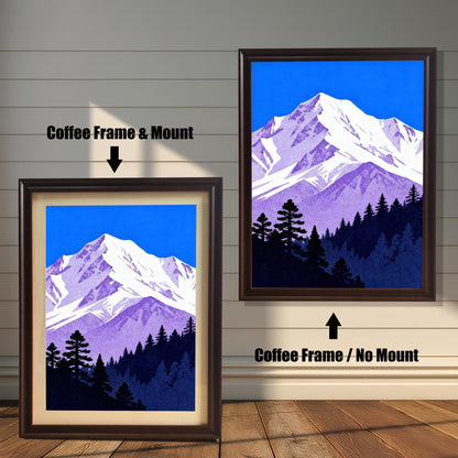 Comparison image of the purple and blue mountain art print: A smaller print in a dark brown 'Coffee' wood frame with a cream mount, next to a larger print in a 'Coffee' wood frame without a mount.