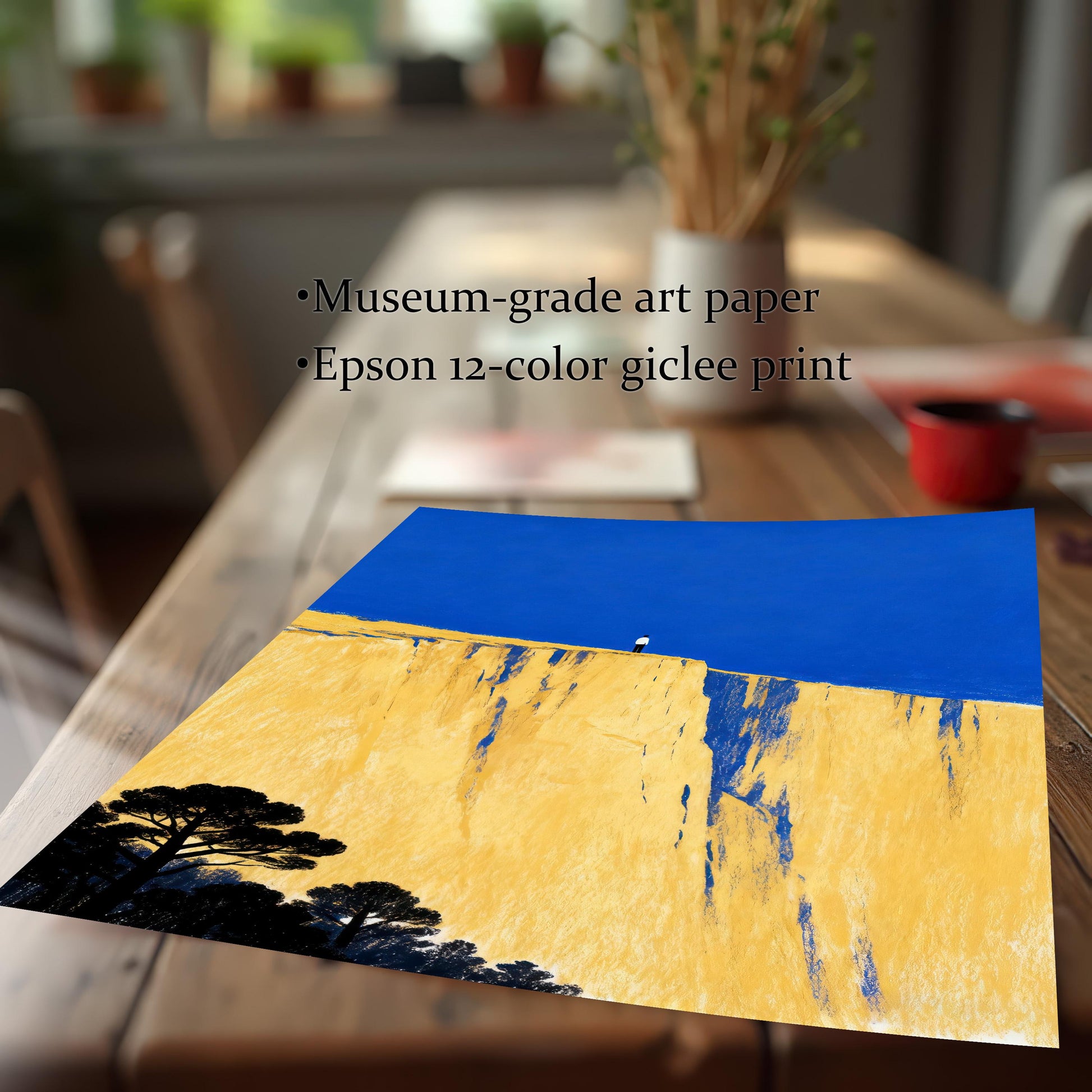 The unframed art print lying on a wooden table in a naturally lit setting. Text highlights print quality: Museum-grade art paper, Epson 12-color giclee print.