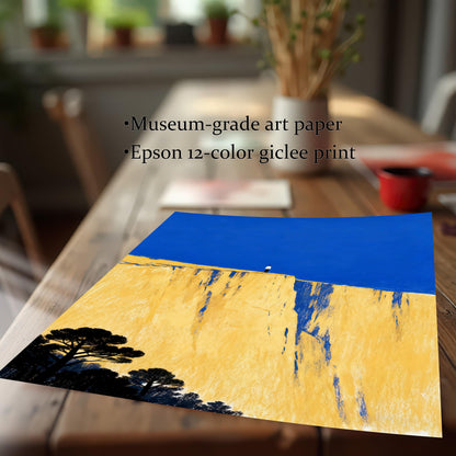 The unframed art print lying on a wooden table in a naturally lit setting. Text highlights print quality: Museum-grade art paper, Epson 12-color giclee print.