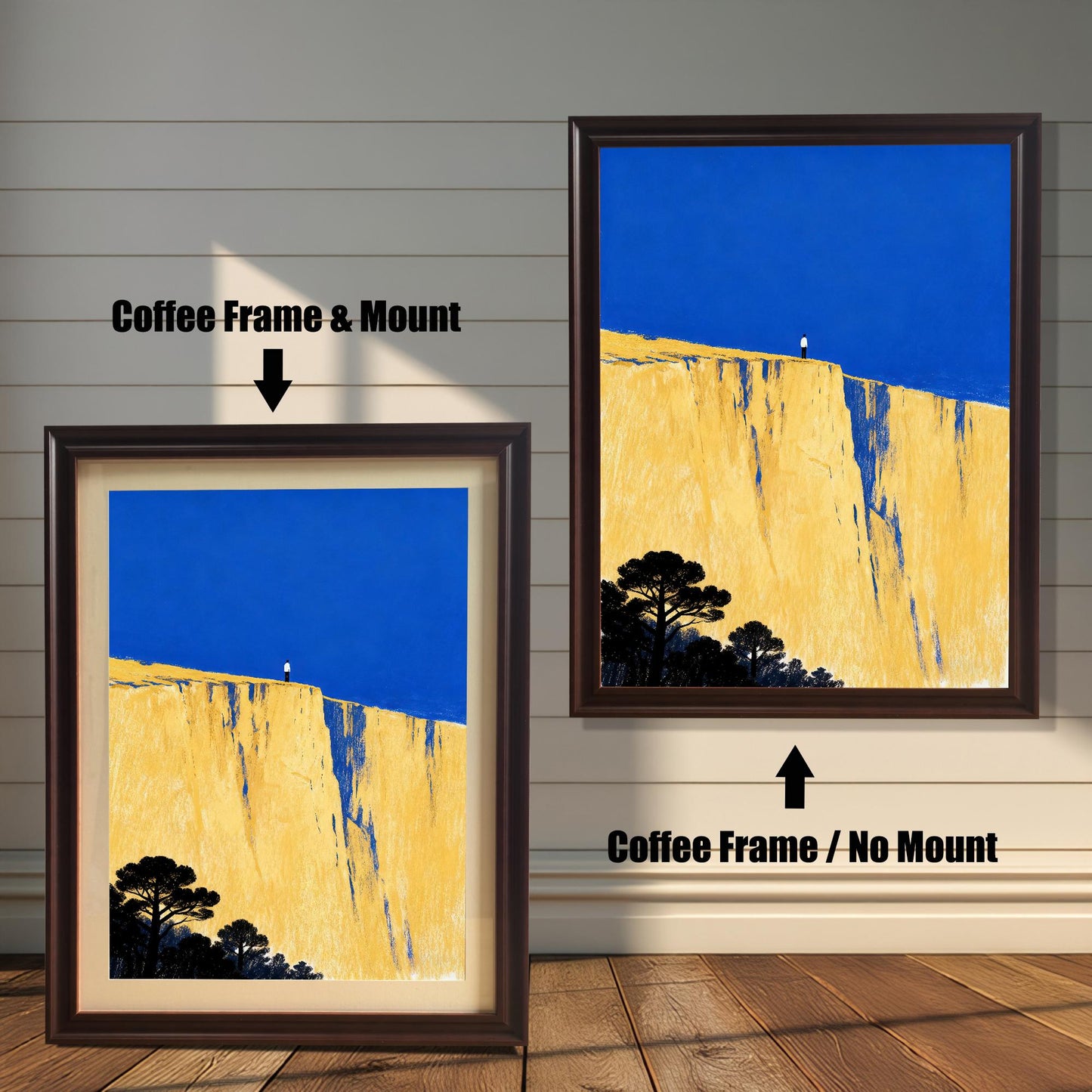Comparison image showing the art print in a coffee-colored frame with a white mount (mat) on the left, labeled 'Coffee Frame & Mount', and the same art print in a coffee-colored frame without a mount on the right, labeled 'Coffee Frame / No Mount'.