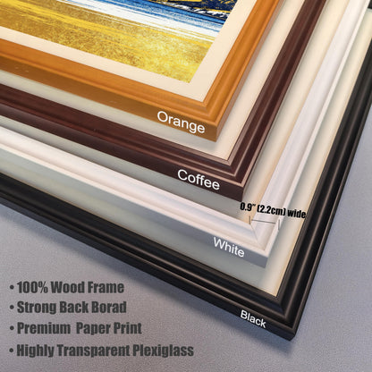 A close-up stack of corner samples for four available frame colors: Orange, Coffee, White, and Black. Dimensions indicate the frame width is 0.9" (2.2cm). Bullet points list features: "100% Wood Frame", "Strong Back Borad", "Premium Paper Print", and "Highly Transparent Plexiglass".
