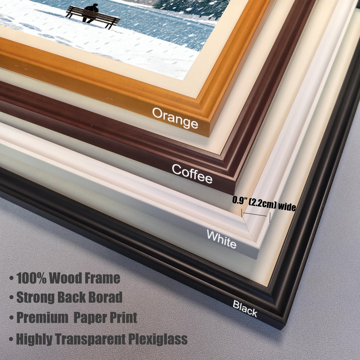 Close-up shot of the four available wood frame colors: Orange, Coffee, White, and Black. Text highlights key features: 100% Wood Frame, Premium Paper Print, Highly Transparent Plexiglass, and frame width of 0.9" (2.2cm).