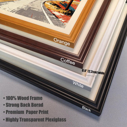Close-up stacked image showing the four available frame colors: Orange, Coffee (dark brown), White, and Black. Details include the frame width of 0.9" (2.2cm), and a bulleted list of features: 100% Wood Frame, Strong Back Board, Premium Paper Print, and Highly Transparent Plexiglass.