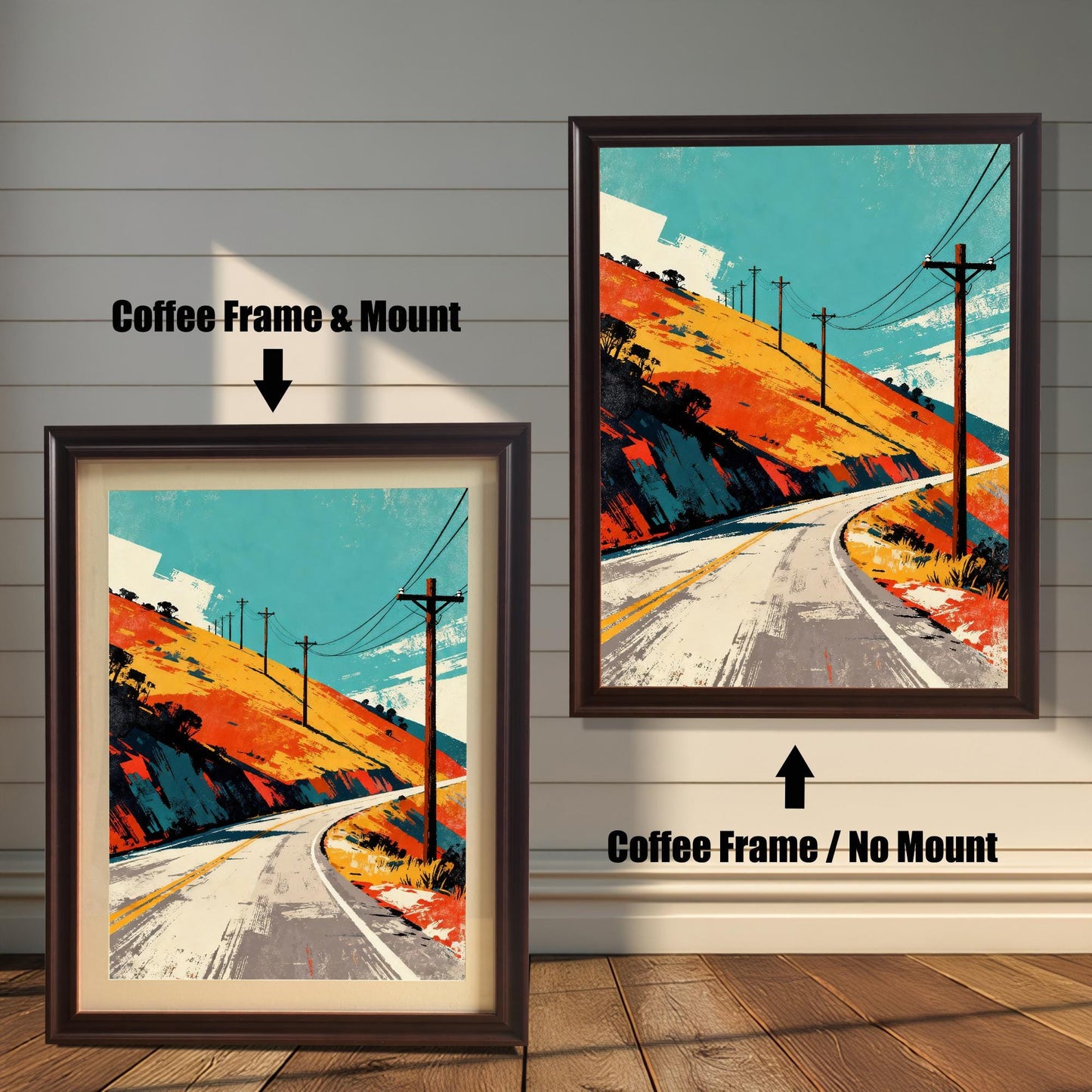 Comparison photo showing the art print in a Coffee Frame (dark brown) with a mount (matting) on the left, and in a Coffee Frame without a mount on the right. Both prints feature the winding road, orange hill, and teal sky art style. Text labels and arrows indicate the two options.