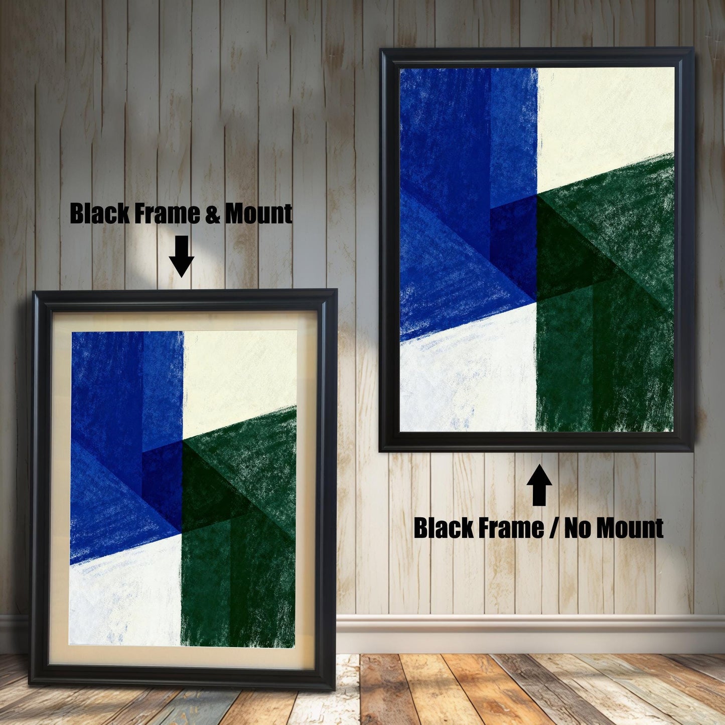 Comparison image of two framed prints against a light wooden wall. The left print shows a Black Frame & Mount (with a beige border/mat). The right print shows a larger Black Frame / No Mount. Both display the same geometric abstract artwork in blue, green, and white.