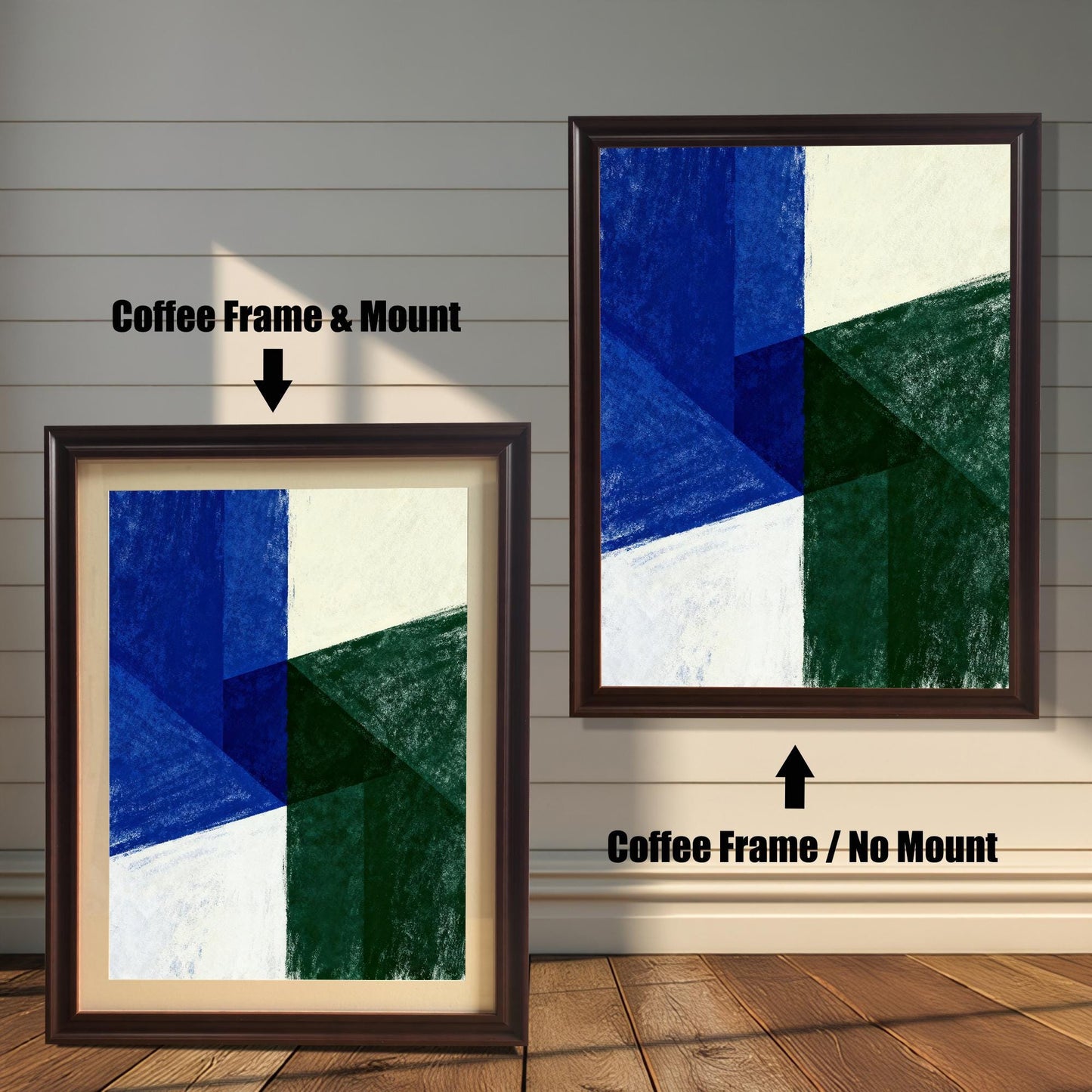 Abstract art print with geometric shapes in dark blue, deep green, and off-white. The image shows two framing options against a white shiplap wall and wood floor. The print on the left has a Coffee Frame & Mount (or matting), making the art appear smaller. The print on the right has a Coffee Frame / No Mount, where the art fills the frame completely.