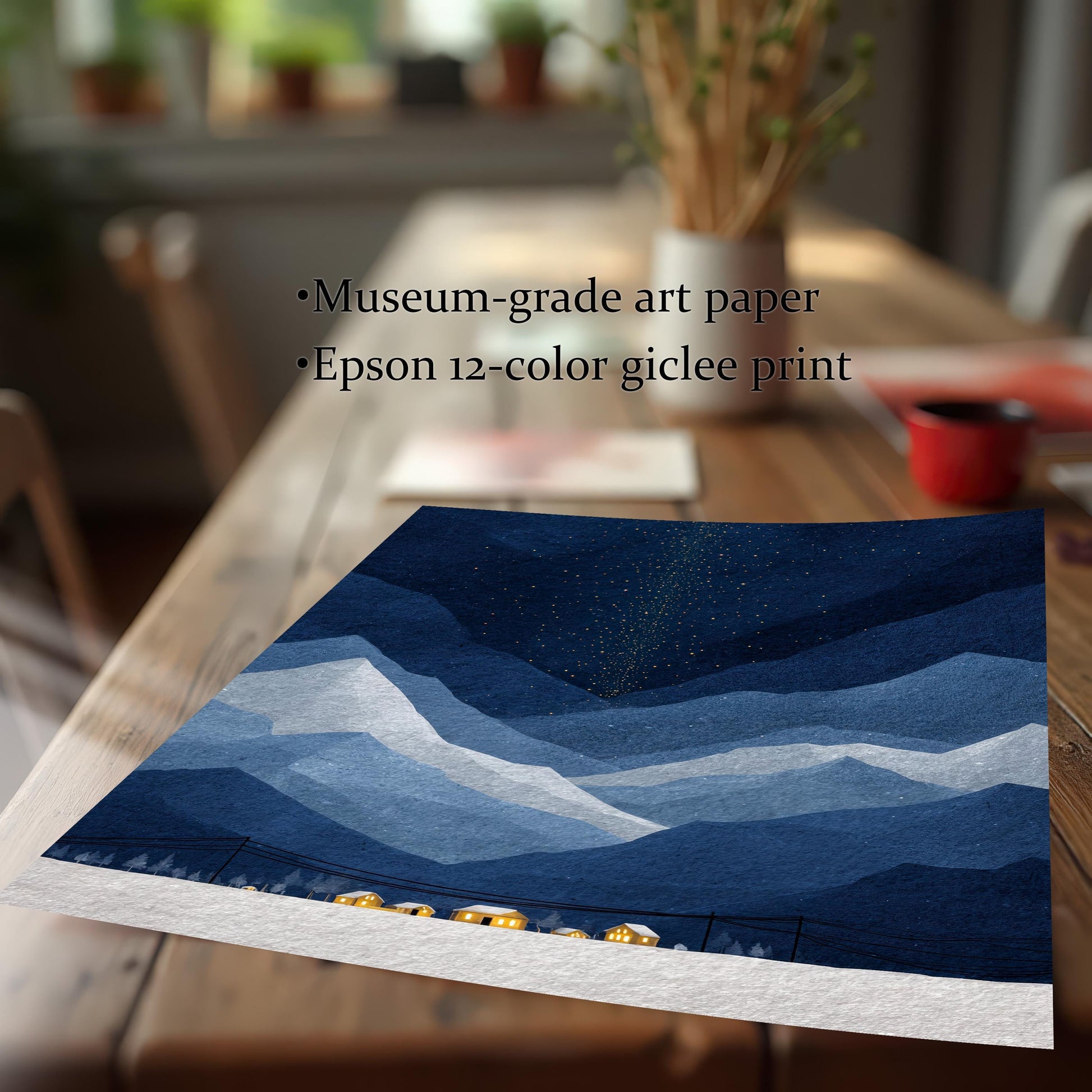 A close-up of a giclee art print on a wooden table, featuring museum-grade art paper and Epson 12-color printing quality text.