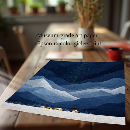 A close-up of a giclee art print on a wooden table, featuring museum-grade art paper and Epson 12-color printing quality text.