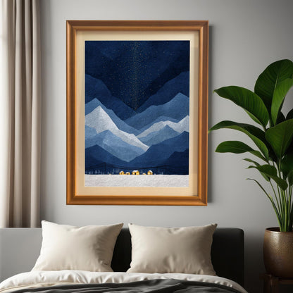 A warm orange-wood framed mountain print with a mount hanging above a bed with white and cream bedding, flanked by a large green plant.
