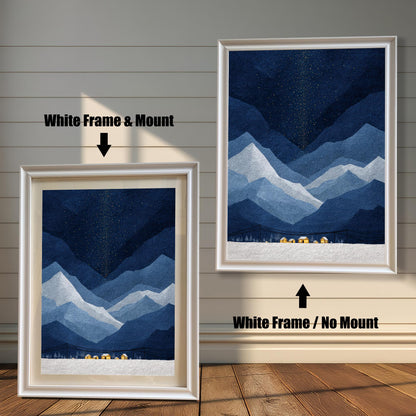 Comparison of the "White" wood frame options for the blue and navy mountain illustration, showing one with a mount and one without.