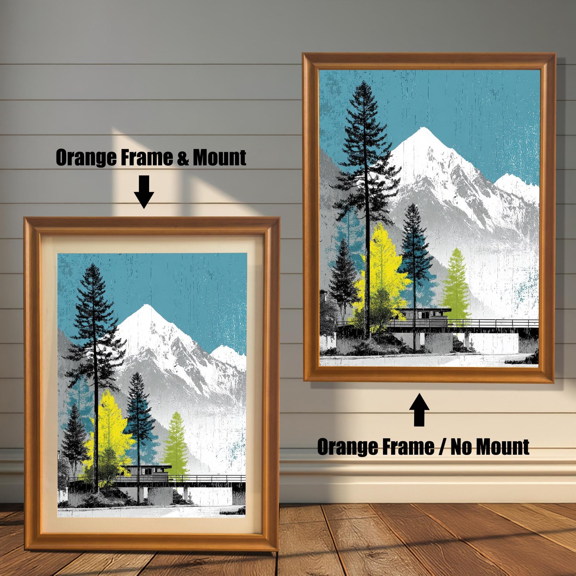 Comparison of two orange wood frames: one showing the mountain art print with a mount (mat) and one without a mount.