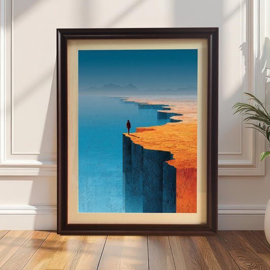 A vertical landscape art print featuring a lone figure on a bright orange cliff edge overlooking a blue sea, housed in a coffee-colored wood frame with an off-white mat. The frame is leaning against a white paneled wall on a light wood floor next to a potted plant.