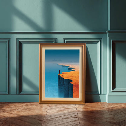 A minimalist landscape art print in an orange wood frame with a mat, leaning against a teal-blue wainscoted wall. The scene is illuminated by natural sunlight casting shadows across the wooden parquet floor.
