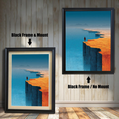A product comparison on a light wood-paneled wall showing a black-framed art print in two styles: one with a cream-colored mount/mat on the left and one without a mount on the right.