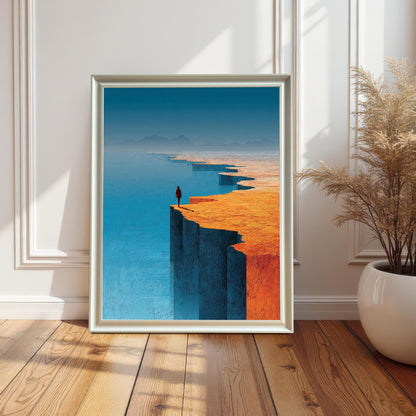A vertical art print featuring a lone traveler standing on a vivid orange cliff edge against a deep blue sea. The piece is housed in a clean white wood frame and is shown leaning against a white paneled wall on a light wood floor next to a white ceramic planter.