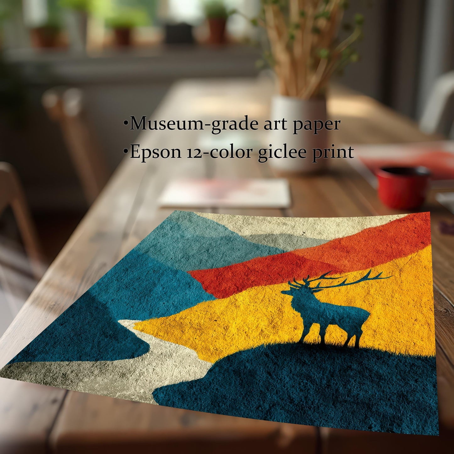 High-angle close-up of the unframed print on a wooden table, highlighting the "Museum-grade art paper" and "Epson 12-color giclee print" quality.