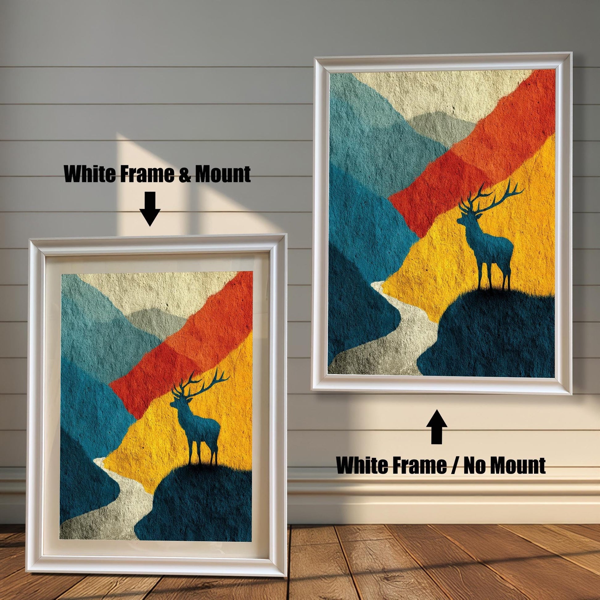 Comparison image showing the artwork in a "White" wood frame with a mat board (mount) versus without a mount, staged in a brightly lit room.