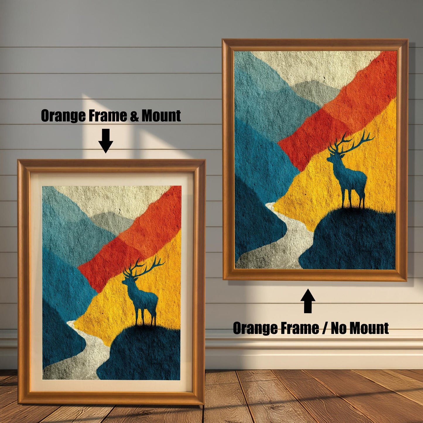 Comparison image showing the artwork in an "Orange" wood frame with a cream-colored mat board (mount) versus without a mount, displayed against a neutral horizontal wood-slat wall.