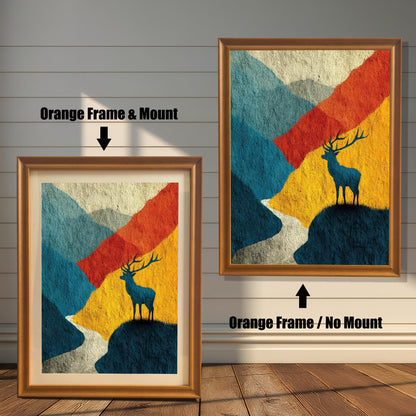 Comparison image showing the artwork in an "Orange" wood frame with a cream-colored mat board (mount) versus without a mount, displayed against a neutral horizontal wood-slat wall.