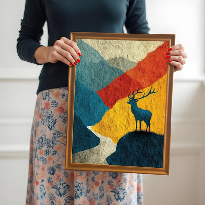 A person holding the medium-sized "Orange" wood-framed print to show the product's physical scale and frame finish against clothing.