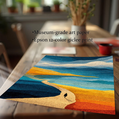Close-up of a high-quality giclee art print on a wooden table, highlighting the vibrant colors and textured museum-grade art paper.