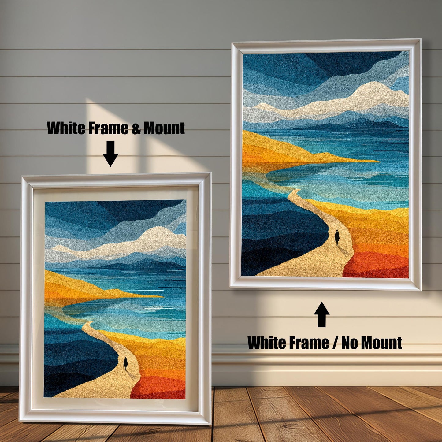 Comparison of white wood frames with and without a paper mount (matting), showcasing the minimalist look of the abstract blue and orange landscape.