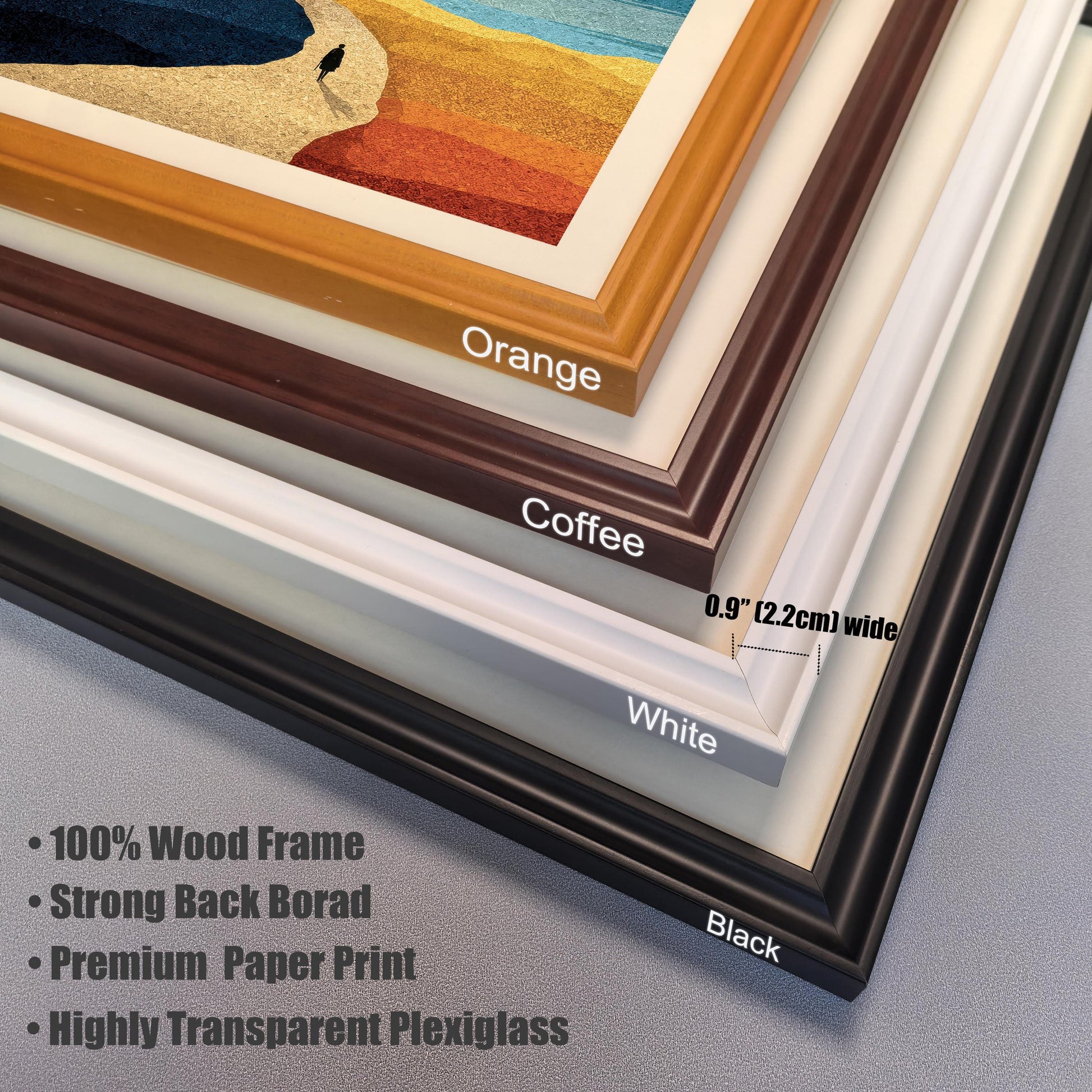 Close-up detail of four wood frame color options: Orange, Coffee, White, and Black, featuring a 0.9-inch (2.2cm) width and highly transparent plexiglass.