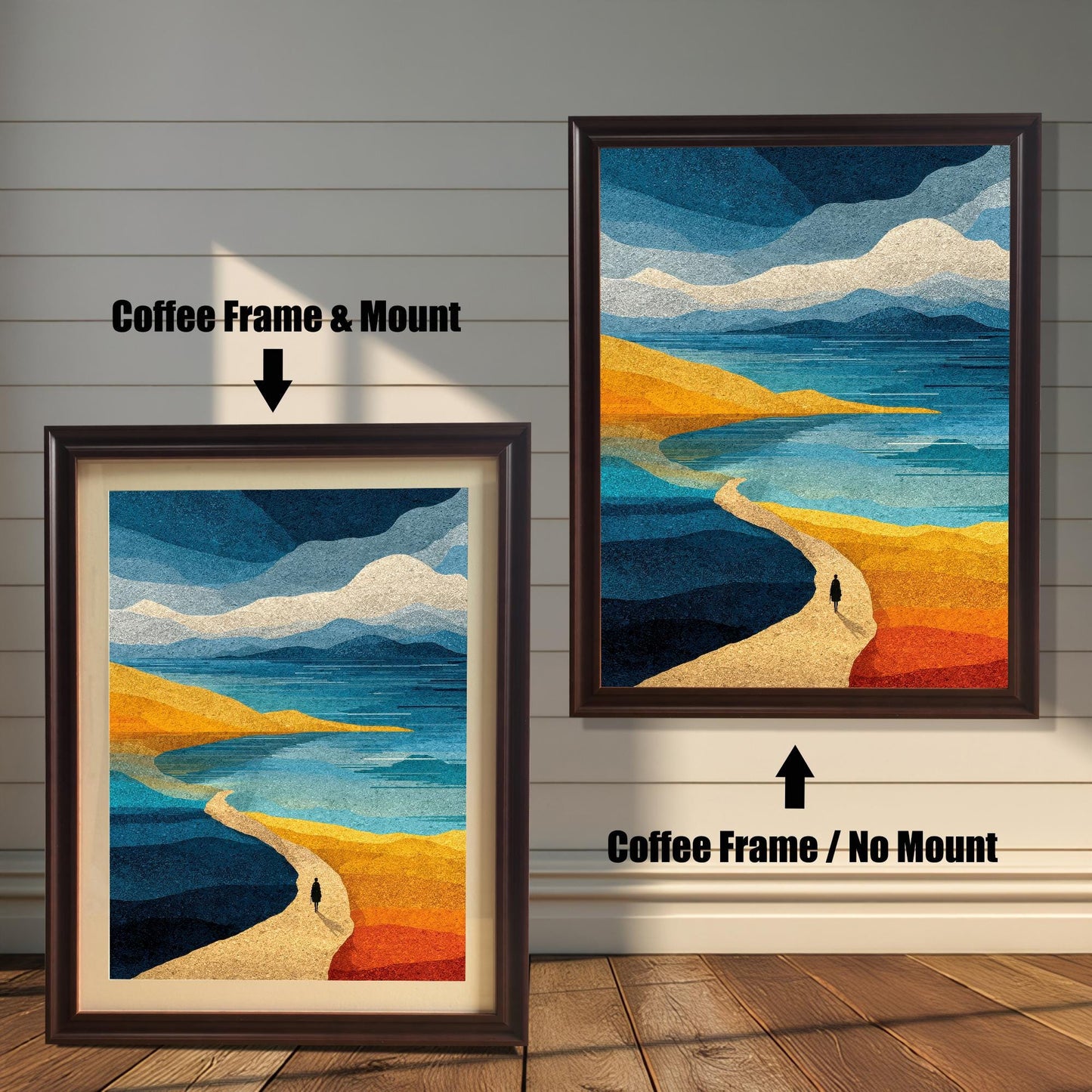 Side-by-side comparison of two coffee-colored wood frames showcasing the abstract landscape print; the left version includes a white paper mount (mat), while the right version is shown without a mount.