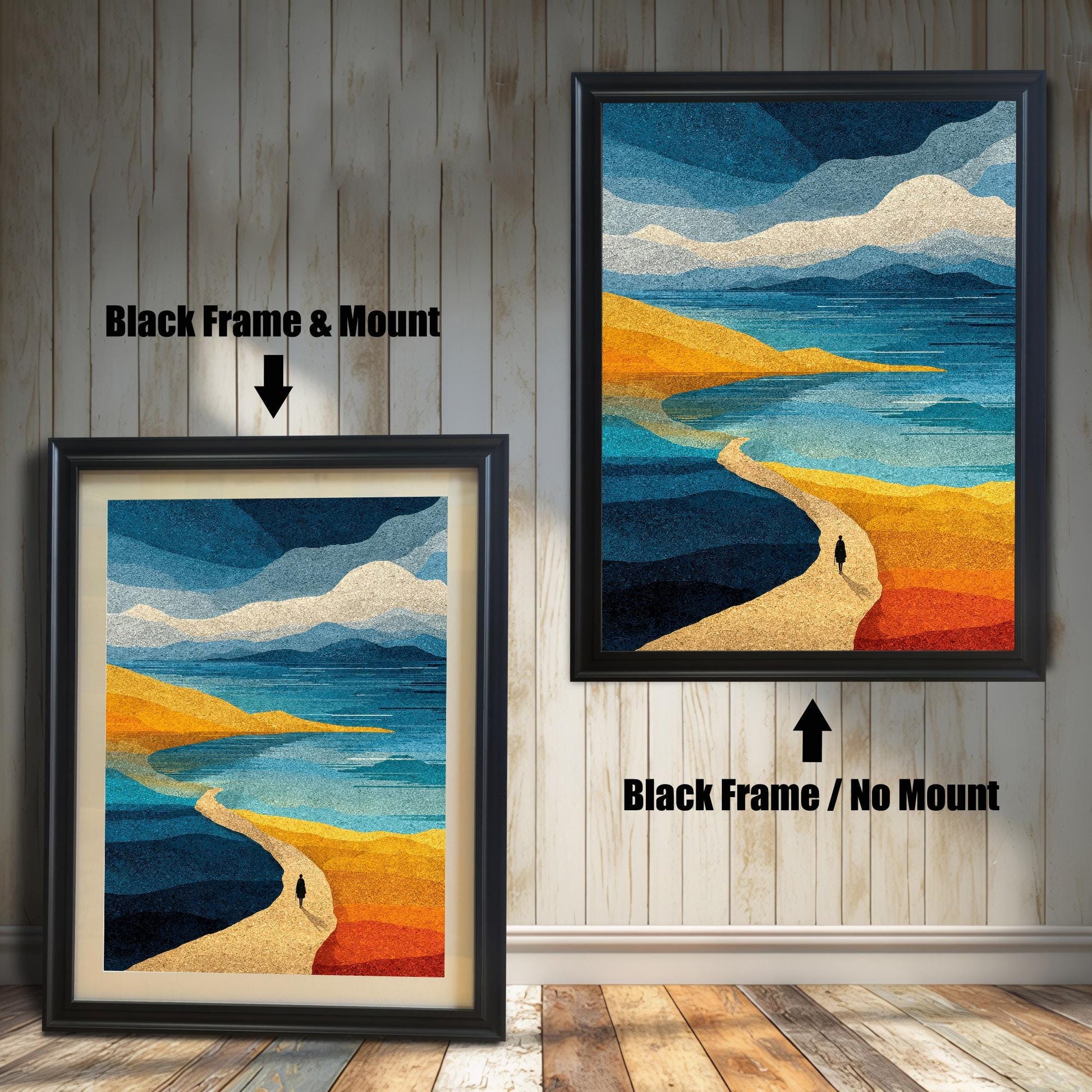 Side-by-side display of black wood frames, illustrating the visual difference between the "with mount" and "no mount" options for the abstract sea print.