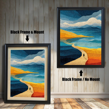 Side-by-side display of black wood frames, illustrating the visual difference between the "with mount" and "no mount" options for the abstract sea print.