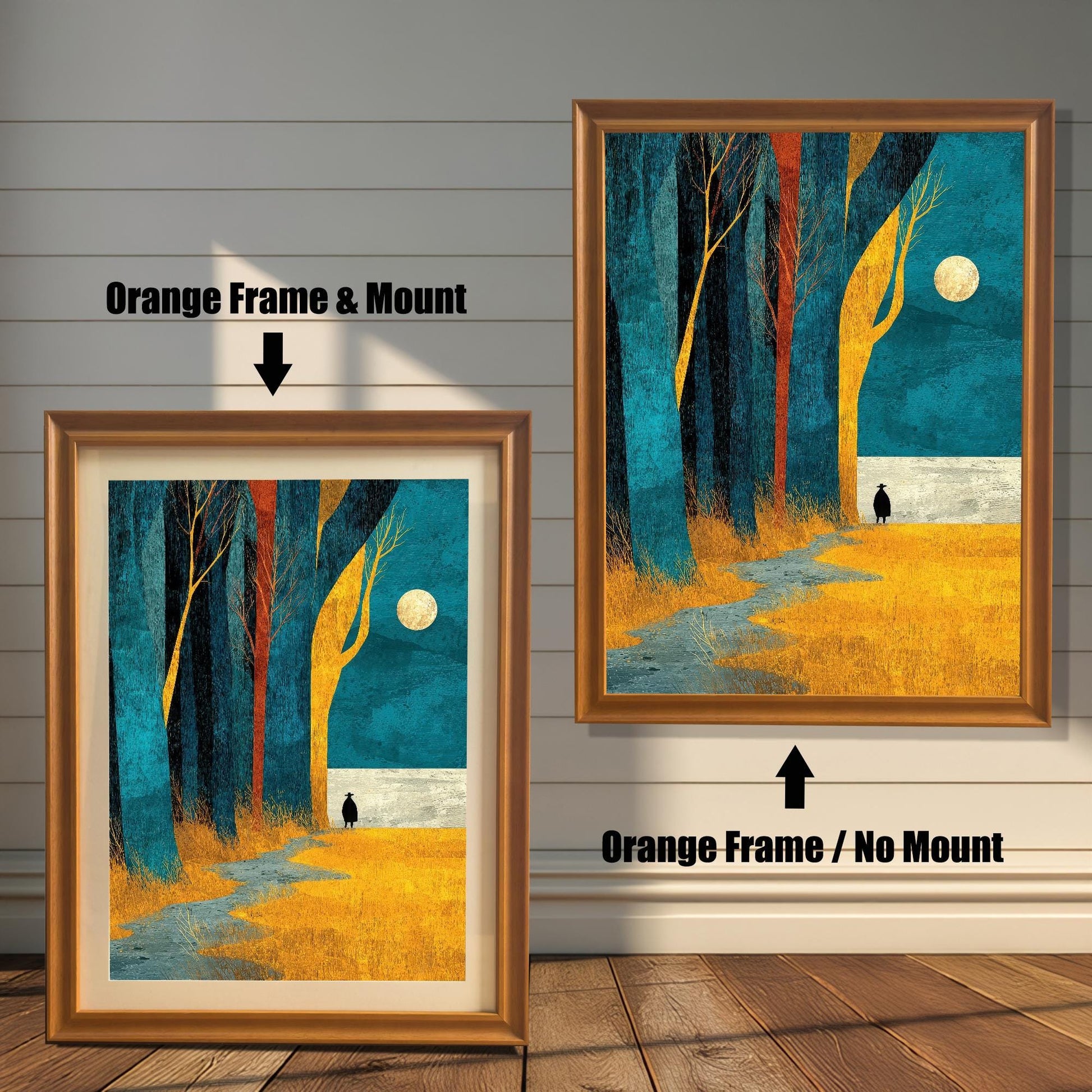 Comparison view of the "Orange" wood frame option, showing the artwork both with a cream-colored mat board (mount) and without a mount.