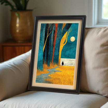 A vertical wood-framed art print of a stylized forest at night, leaning against a neutral-colored sofa in a bright, modern living room.