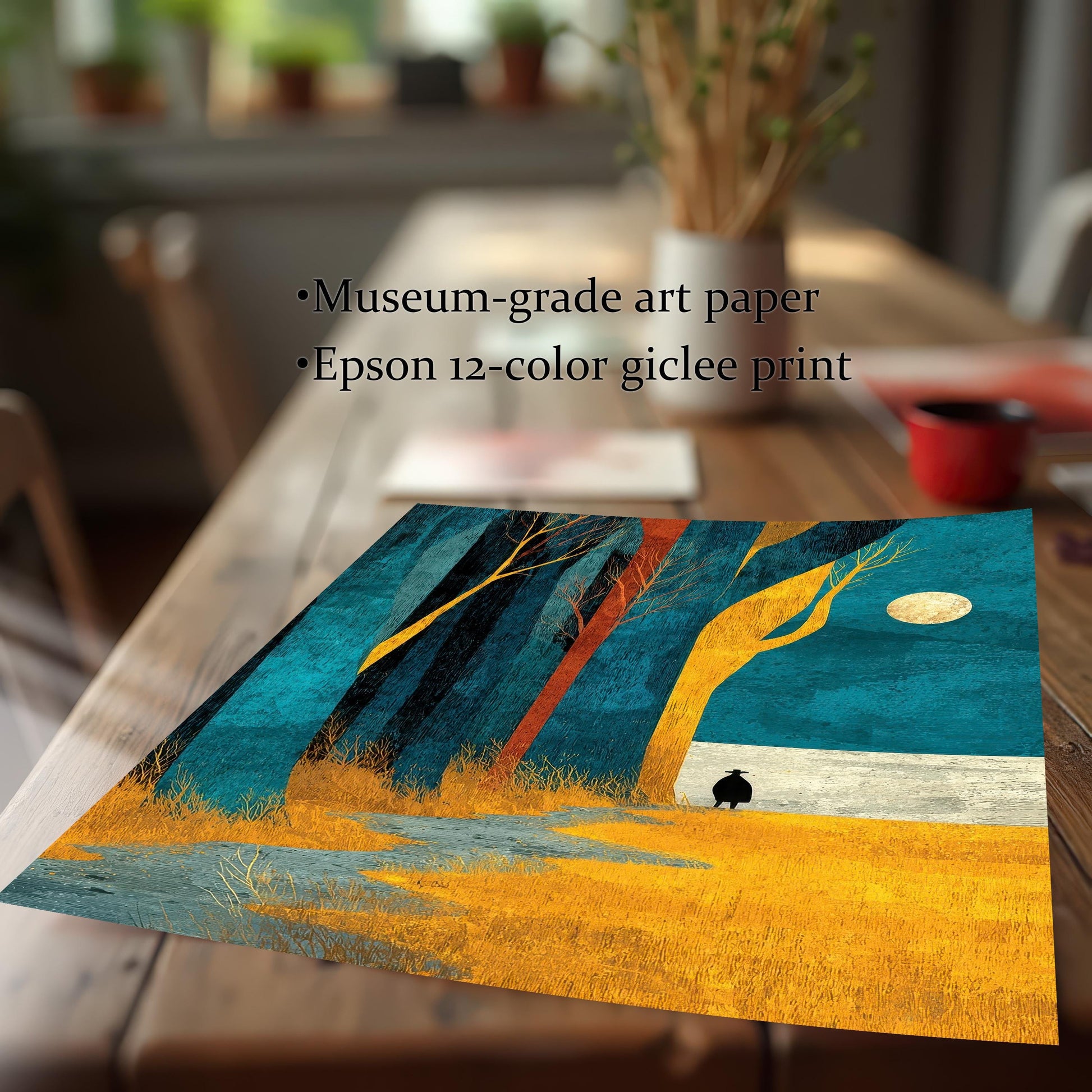 Close-up of a high-quality giclee art print on a wooden table, highlighting the "Museum-grade art paper" and "Epson 12-color giclee print" quality.