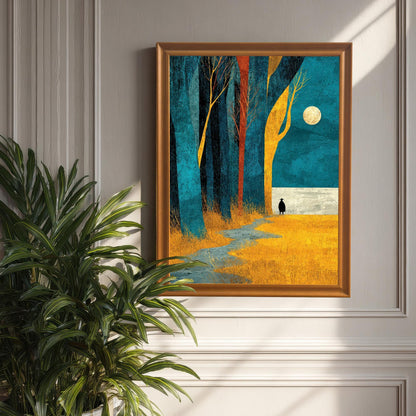 The forest landscape art print in an orange-toned wood frame, hanging on a classic white paneled wall next to a large green indoor plant.