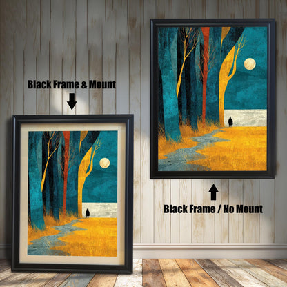 Comparison view of the "Black" wood frame option, showing the art print with a mat board on a white wood-paneled wall and without a mat board.