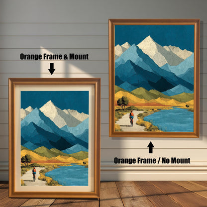 Comparison of two orange-toned wood frames: one on the left featuring an off-white mat (mount) and one on the right without a mat, showing the full-bleed art print.