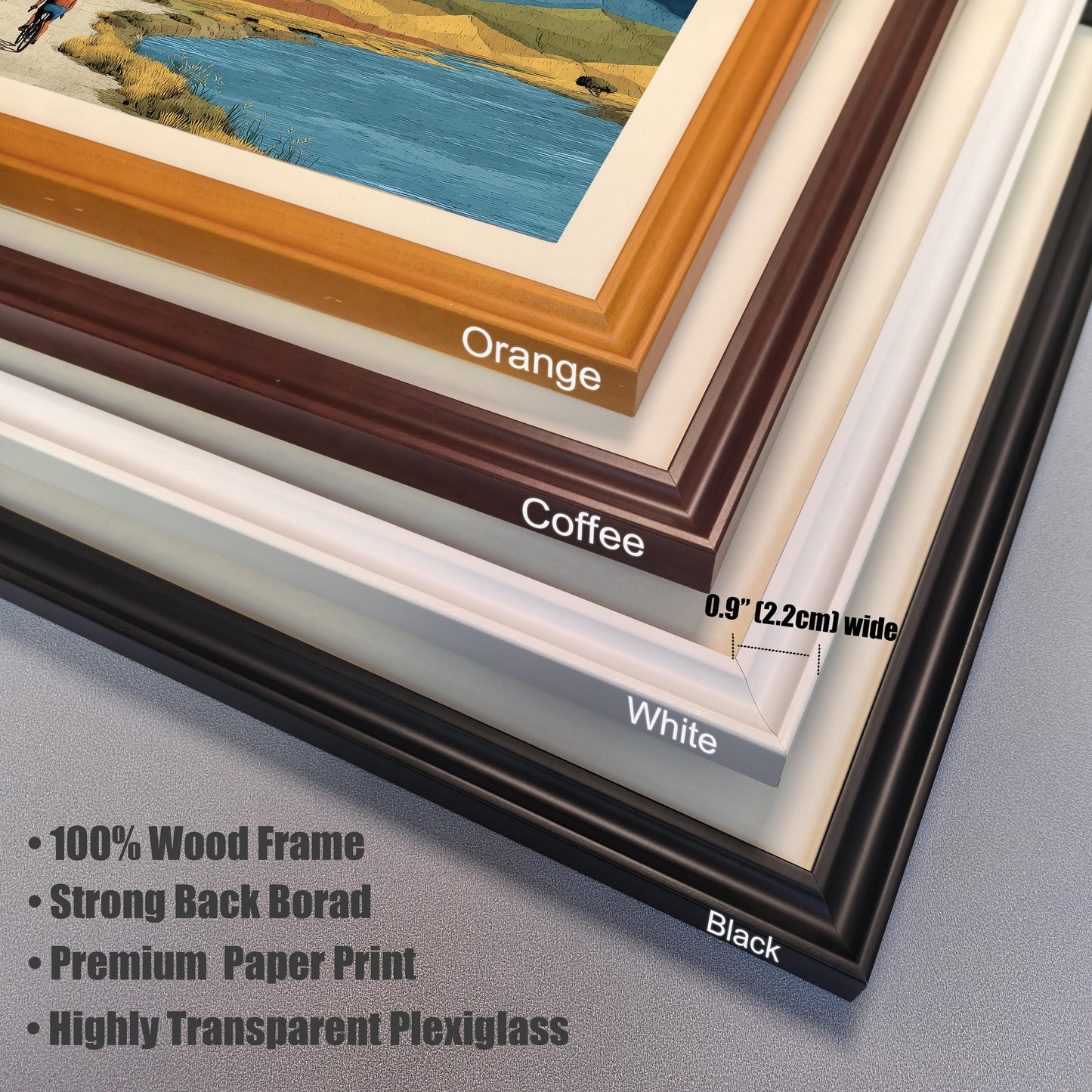 Close-up stack of four wood frame corners in Orange, Coffee, White, and Black, labeled with a "0.9 inch (2.2cm) wide" thickness indicator.