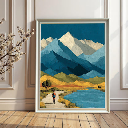A large, white-framed mountain landscape art print leaning against a white paneled wall on a light wood floor, featuring a stylized scene of a cyclist near a blue lake.