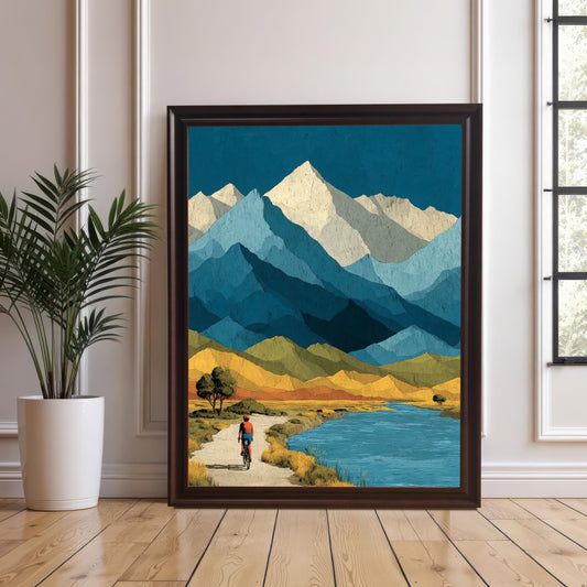 A large, dark brown "Coffee" wood-framed mountain landscape print without a mat, leaning against a white wall next to a potted green plant on a hardwood floor.