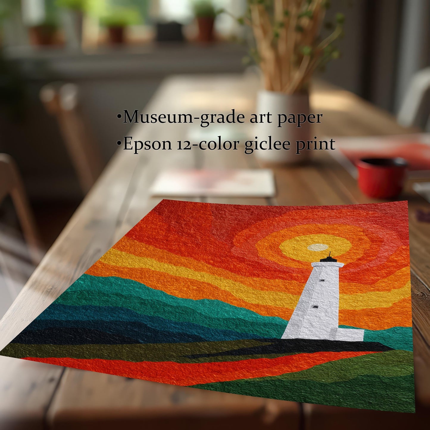 A close-up of a lighthouse art print on a wooden table, featuring text that highlights "Museum-grade art paper" and "Epson 12-color giclee print" quality.