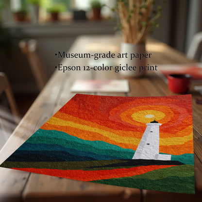 A close-up of a lighthouse art print on a wooden table, featuring text that highlights "Museum-grade art paper" and "Epson 12-color giclee print" quality.