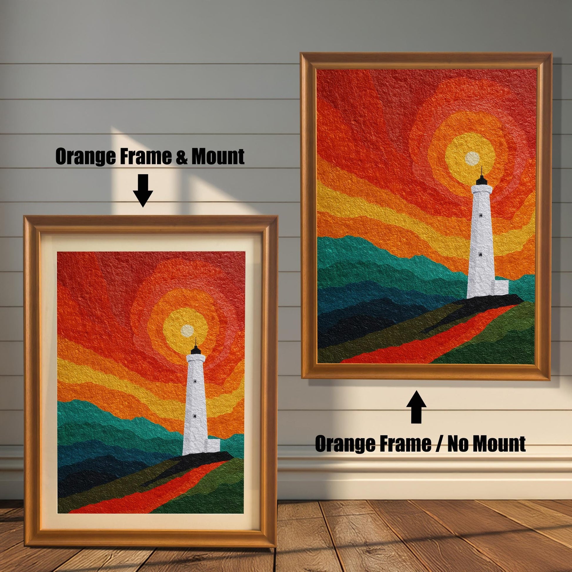 Comparison of two "Orange" wood frames: one featuring a cream mount and one without, showcasing the lighthouse print against a white paneled wall.