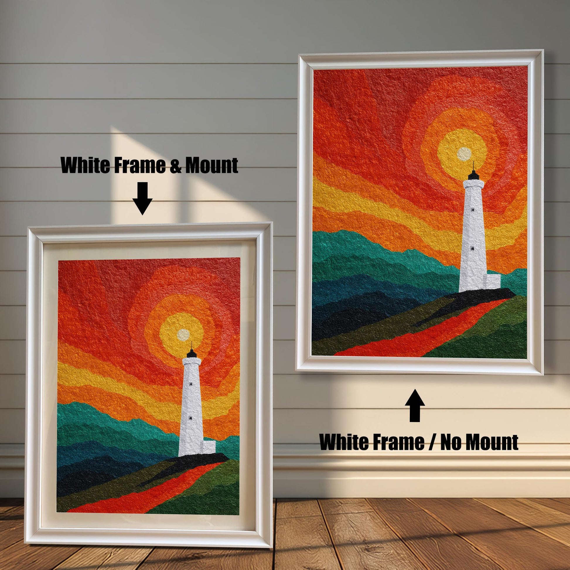 Comparison of two "White" wood frames: one with a mount and one without, highlighting the contrast of the bright frame against a vibrant sunset print.