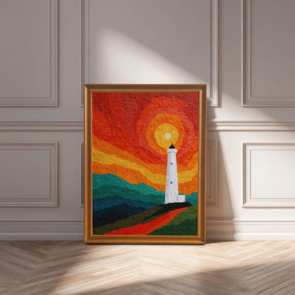 A large lighthouse art print in an orange wood frame, resting on a light herringbone wood floor against an elegant white wainscoted wall.