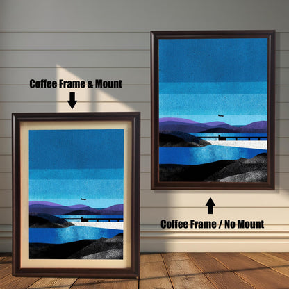 Comparison of two dark wood frames on a white paneled wall; the left is labeled "Coffee Frame & Mount" with a cream border, and the right is labeled "Coffee Frame / No Mount" featuring the art edge-to-edge.