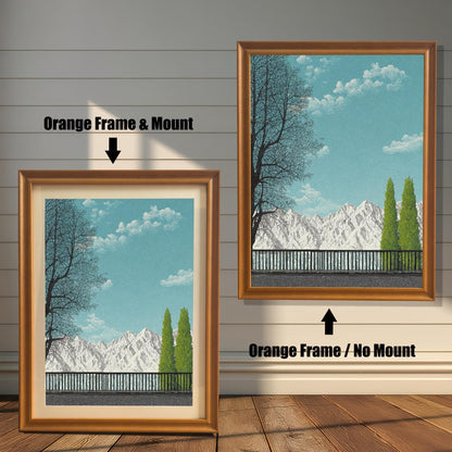 Two options of an Orange wood frame shown with and without a white mat board (mount), showcasing a landscape art print of snowy mountains and a blue sky.