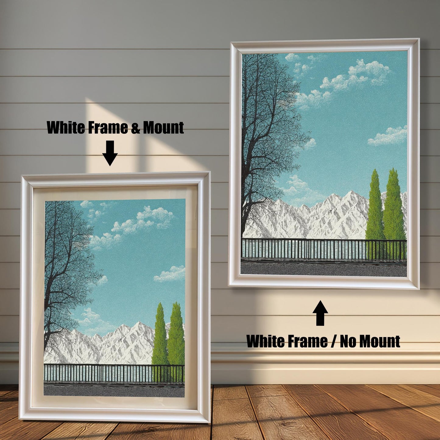 Comparison of a sleek White wood frame with and without a white picture mount, featuring a mountain landscape art print in a bright, modern interior setting.