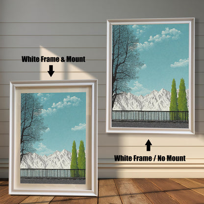 Comparison of a sleek White wood frame with and without a white picture mount, featuring a mountain landscape art print in a bright, modern interior setting.
